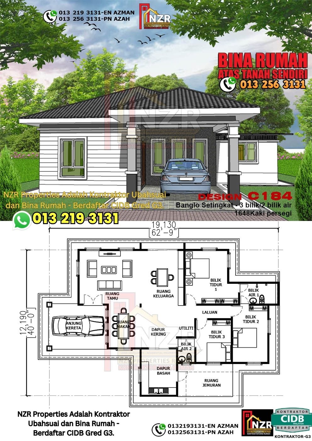 Design 65-Kod C184-Banglo Setingkat - 3Bilik &2 Bilik Air-Size Rumah 1648kps