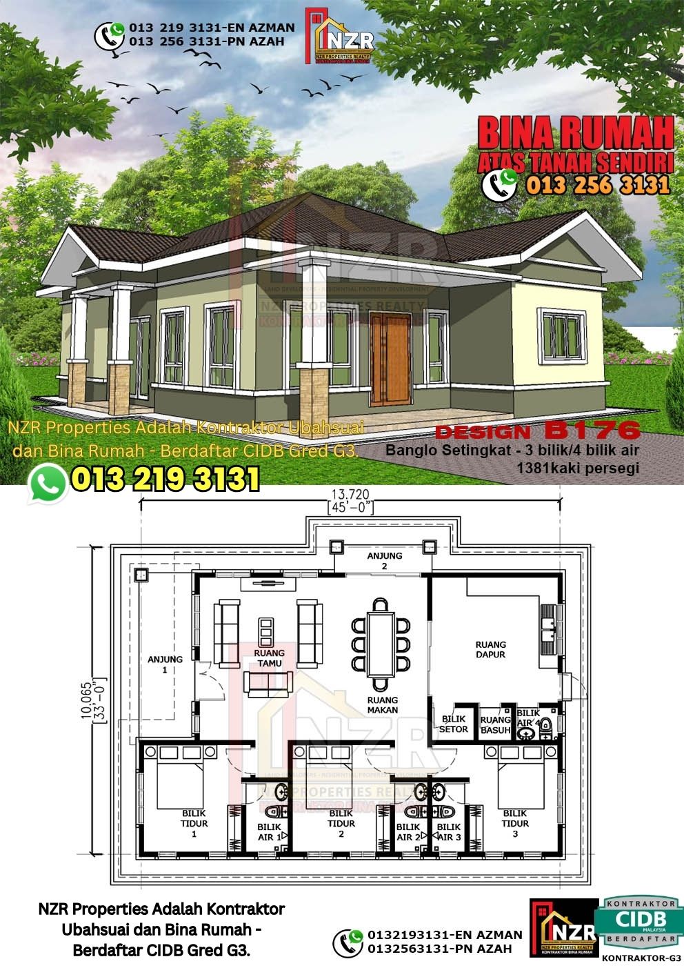 Design 63-Kod B176-Banglo Setingkat - 3Bilik &4 Bilik Air-Size Rumah 1381kps