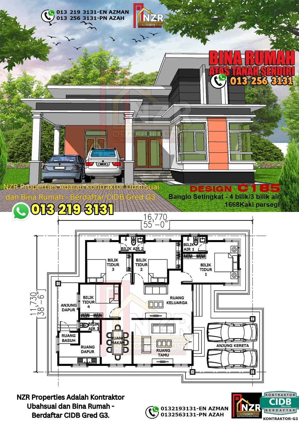 Design 66-Kod C185-Banglo Setingkat - 4Bilik &3 Bilik Air-Size Rumah 1668kps