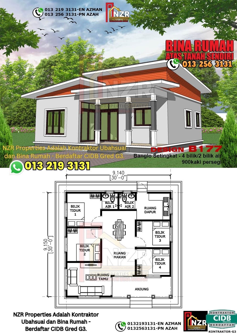 Design 64-Kod B177-Banglo Setingkat - 4Bilik &2 Bilik Air-Size Rumah 900kps