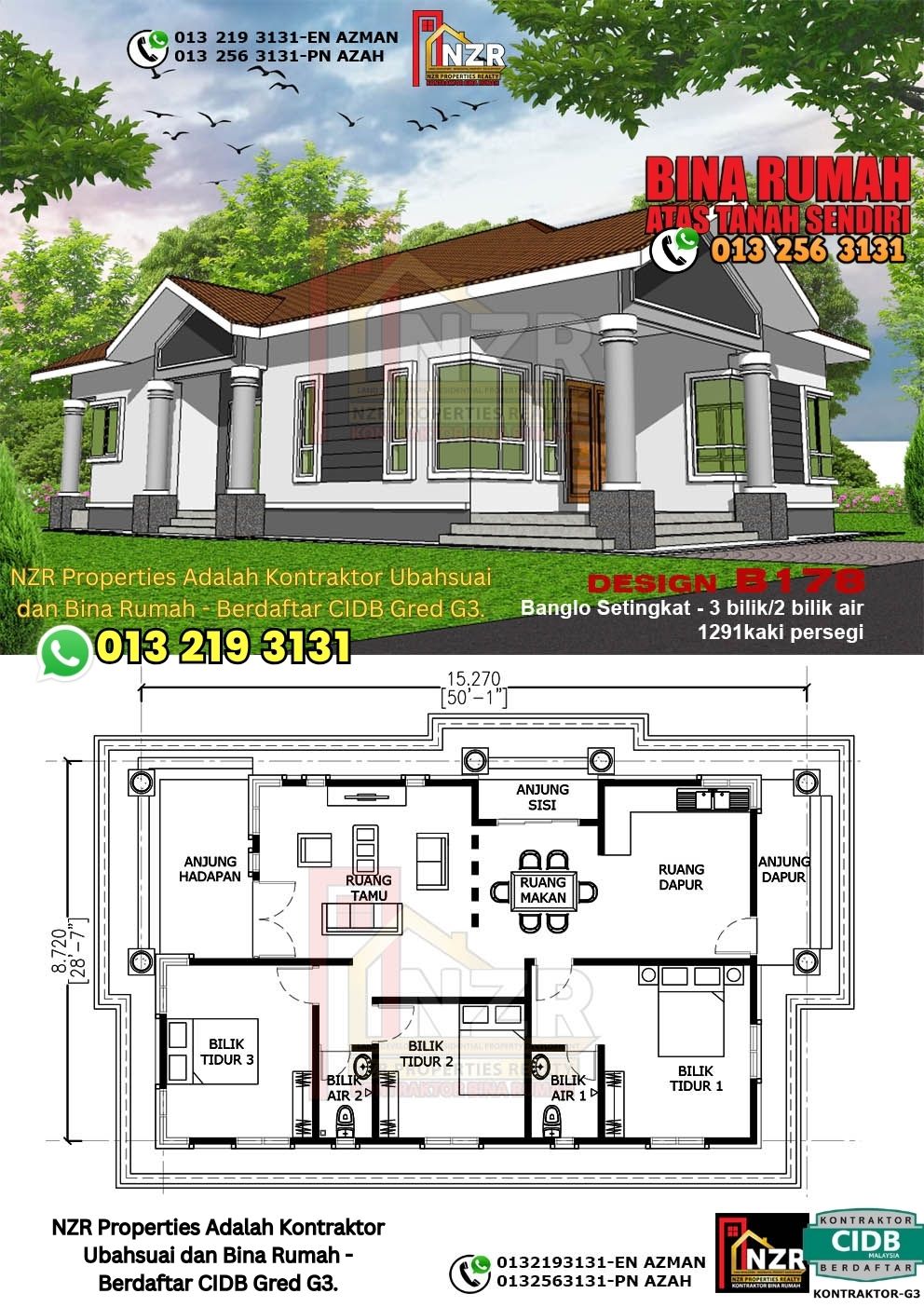 Design 65-Kod B178-Banglo Setingkat - 3Bilik &2 Bilik Air-Size Rumah 1291kps