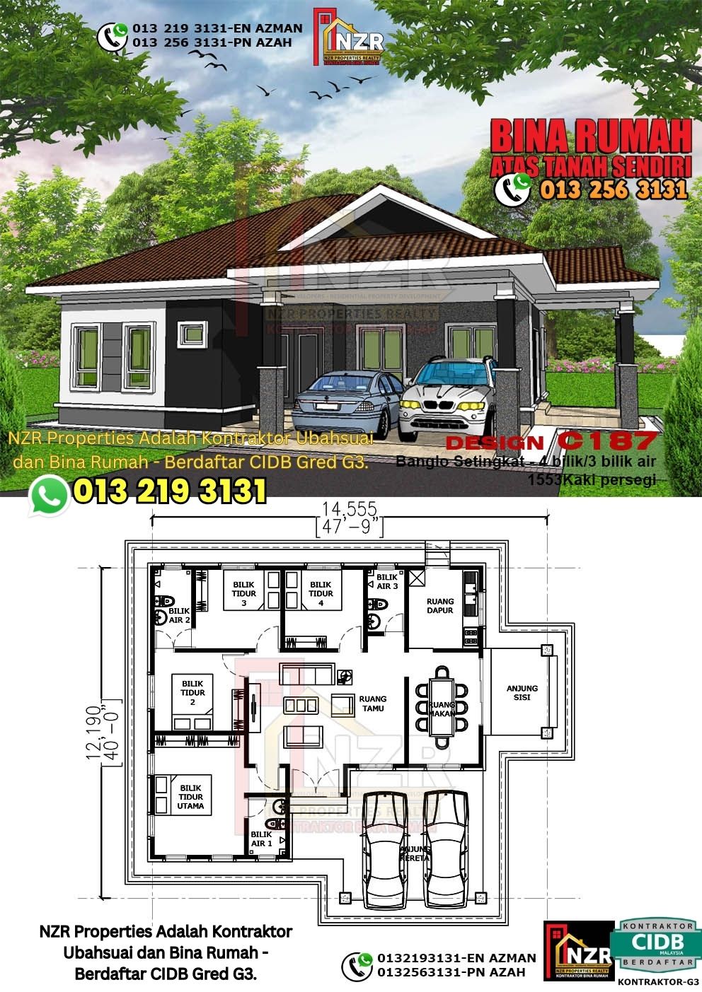 Design 68-Kod C187-Banglo Setingkat - 4Bilik &3 Bilik Air-Size Rumah 1553kps