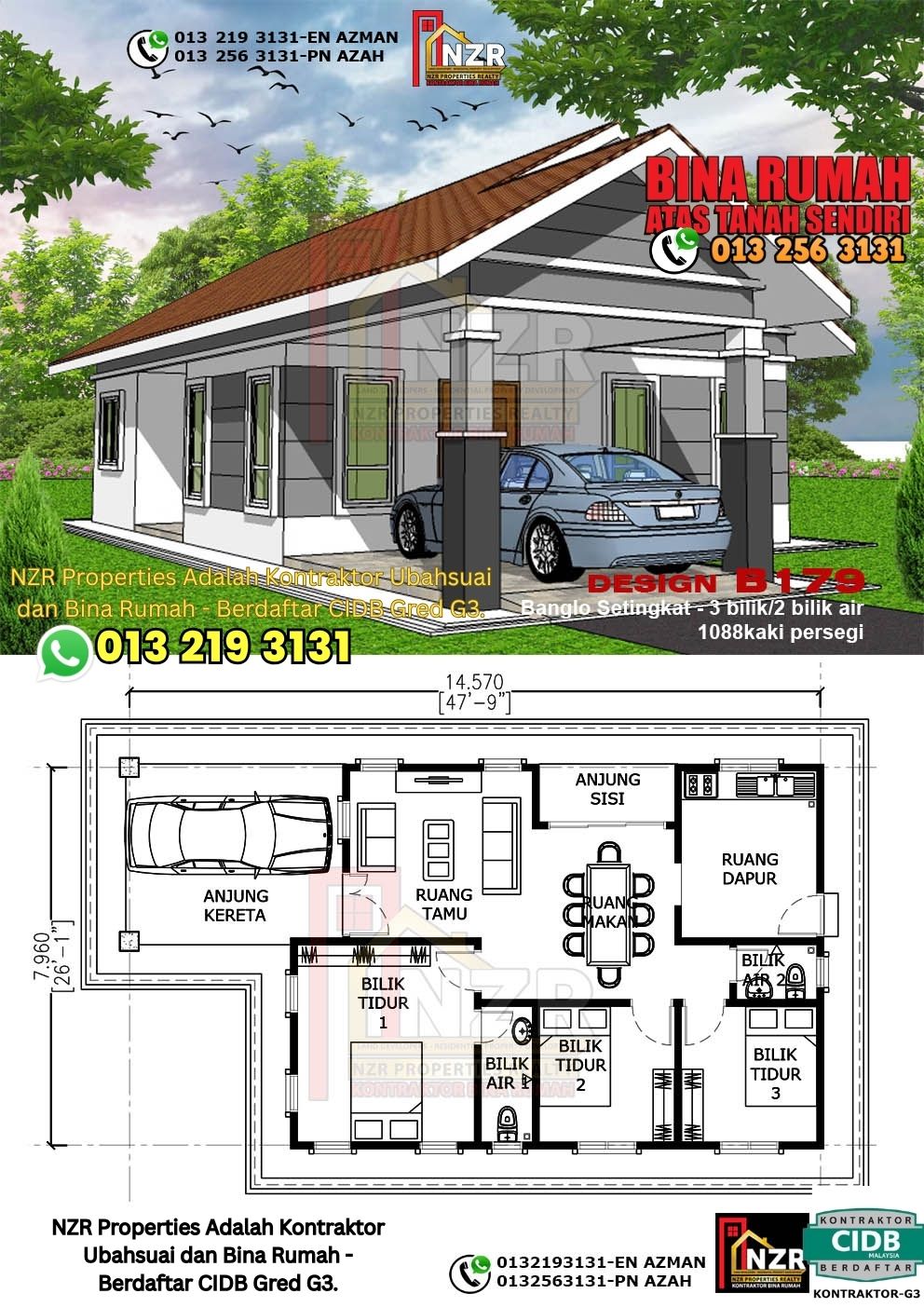 Design 66-Kod B179-Banglo Setingkat - 3Bilik &2 Bilik Air-Size Rumah 1088kps