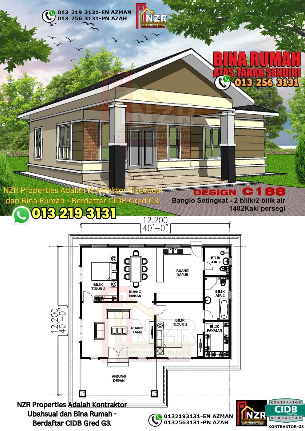 Design 69-Kod C188-Banglo Setingkat - 2 Bilik &2 Bilik Air-Size Rumah 1402kps