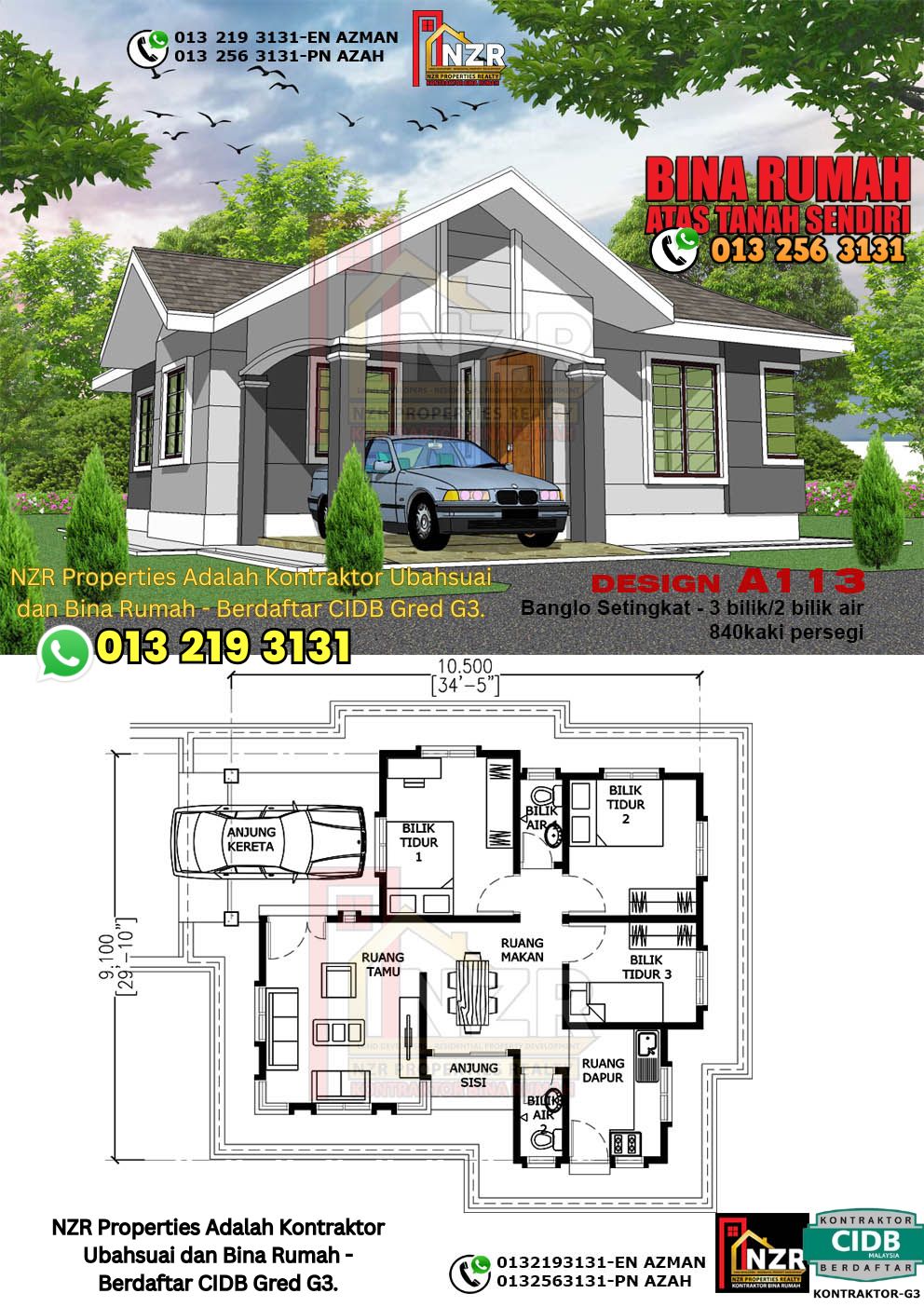 Design 7-Kod A113-Banglo Setingkat - 3 Bilik &2 Bilik Air-Size Rumah 840kps