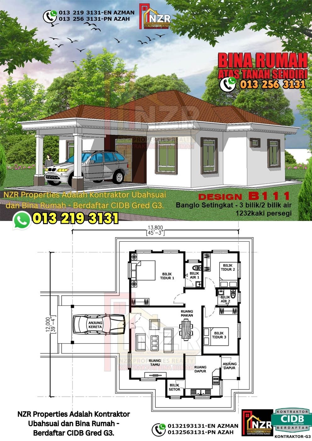 Design 7-Kod B111-Banglo Setingkat - 3 Bilik &2 Bilik Air-Size Rumah 1232kps