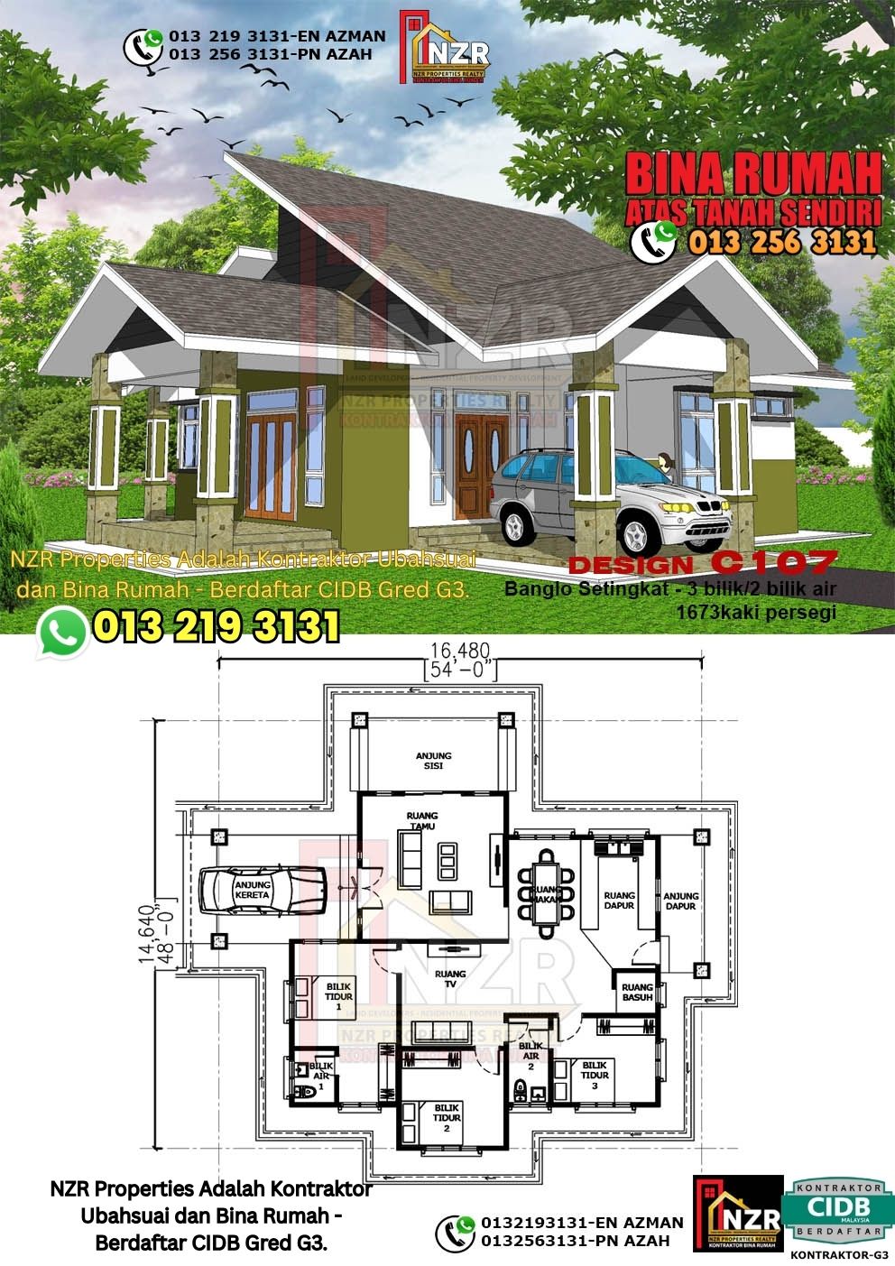 Design 7-Kod C107-Banglo Setingkat - 3Bilik &2 Bilik Air-Size Rumah 1673kps