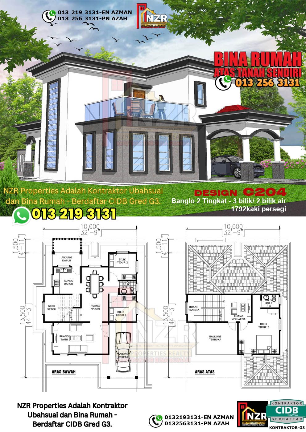 Design 7-Kod C204-Design Rumah Dua Tingkat -3Bilik &2Bilik Air-Size Rumah 1792kps