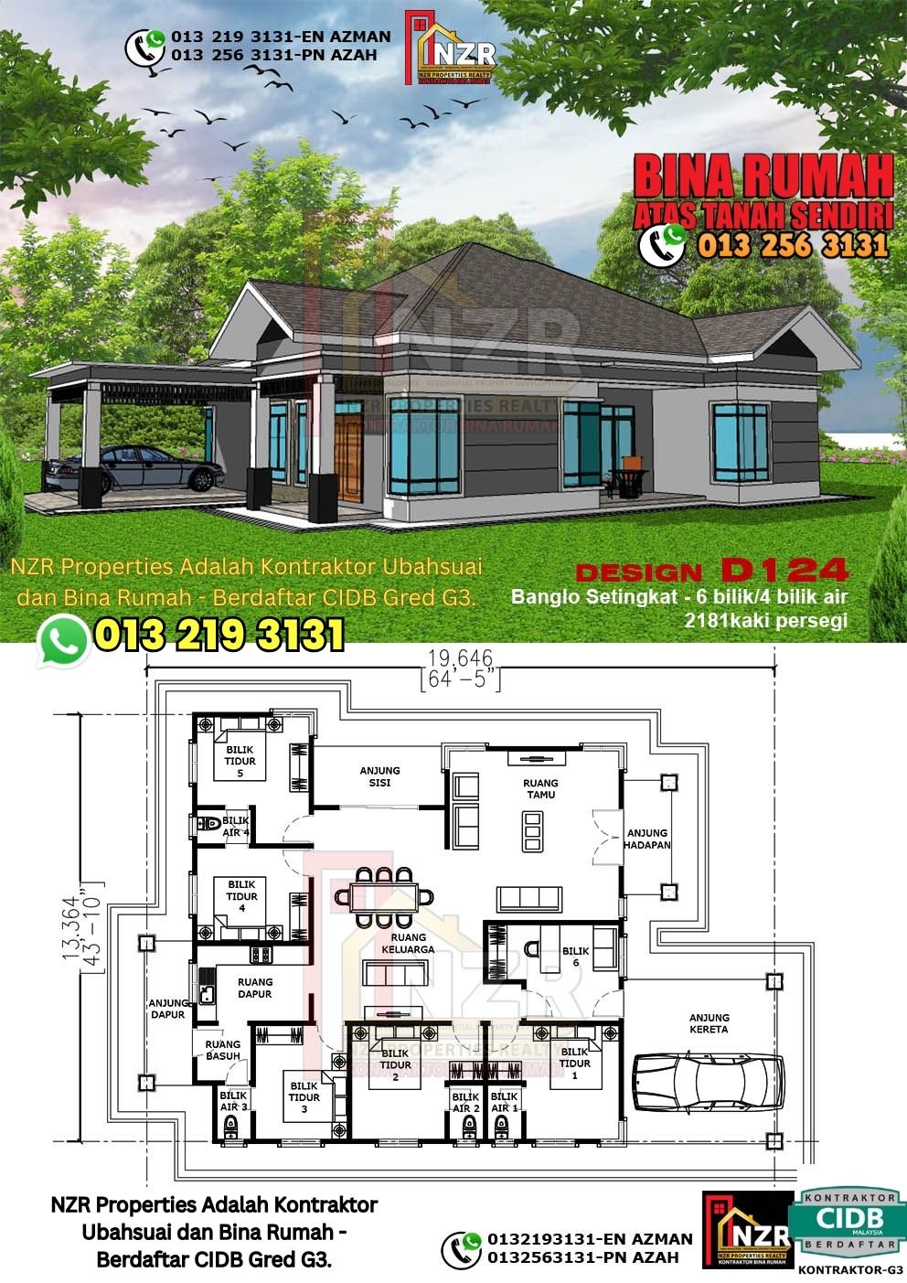 Design 7-Kod D124-Banglo Setingkat - 6Bilik &4 Bilik Air-Size Rumah 2181kps