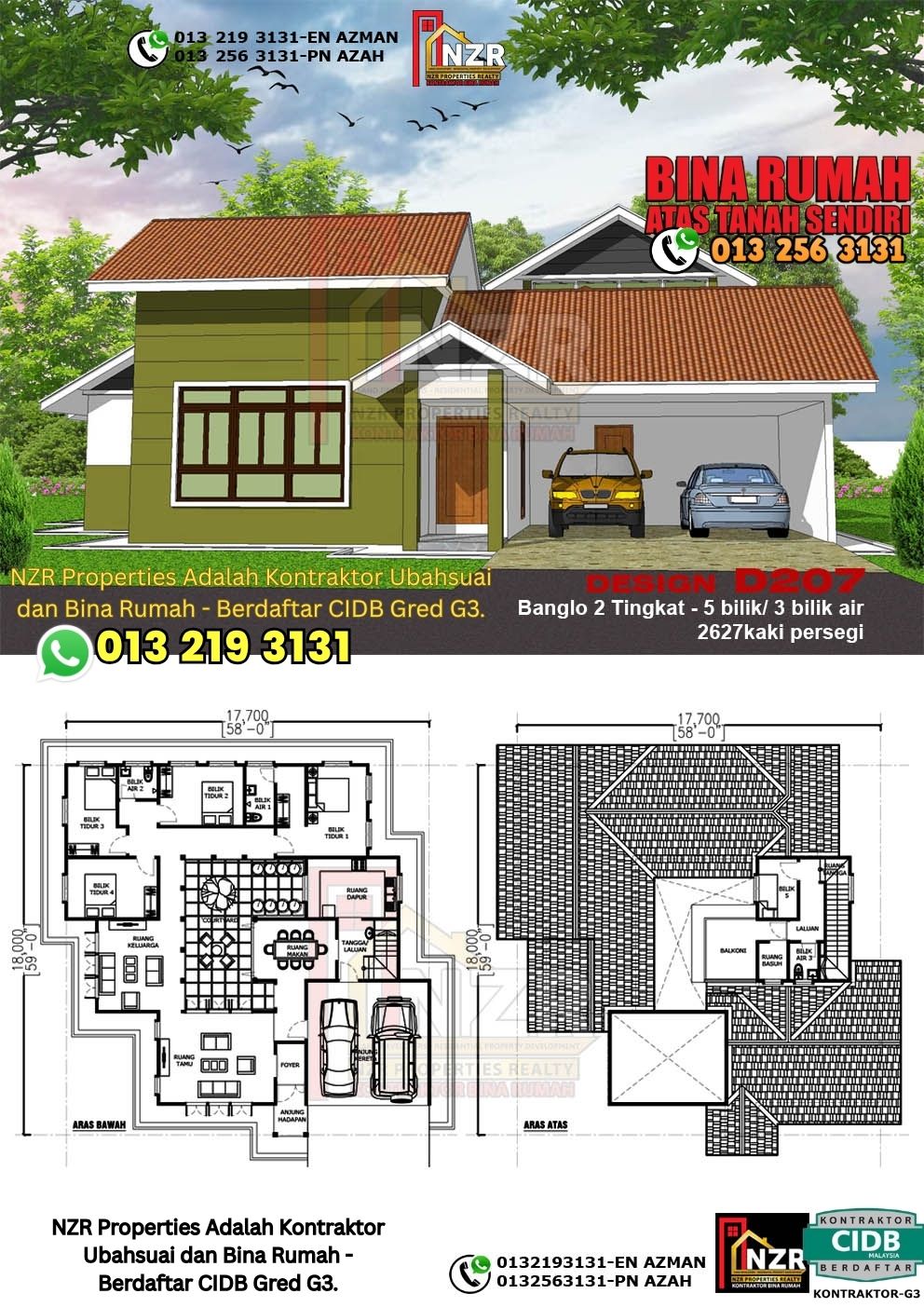 Design 7-Kod D207-Design Rumah Dua Tingkat -5 Bilik & 3 Bilik Air-Size Rumah 2627kps