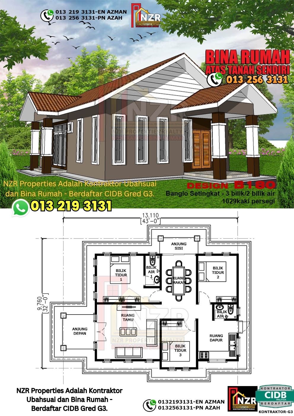 Design 67-Kod B180-Banglo Setingkat - 3Bilik &2 Bilik Air-Size Rumah 1029kps