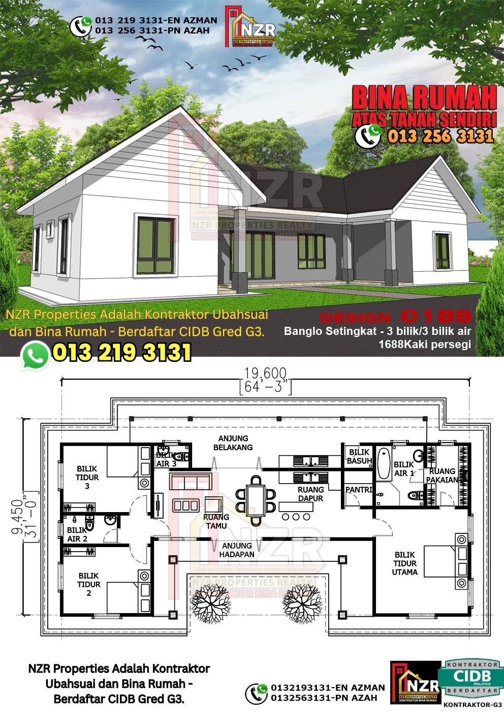 Design 70-Kod C189-Banglo Setingkat - 3Bilik &3 Bilik Air-Size Rumah 1688kps
