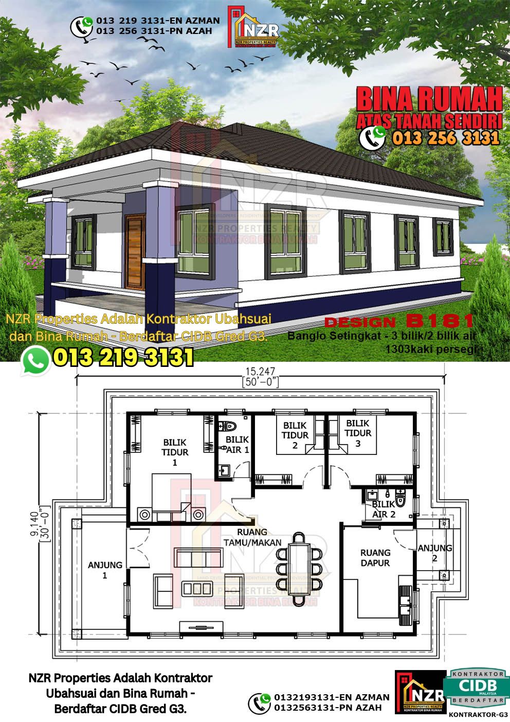 Design 68-Kod B181-Banglo Setingkat - 3Bilik &2 Bilik Air-Size Rumah 1303kps