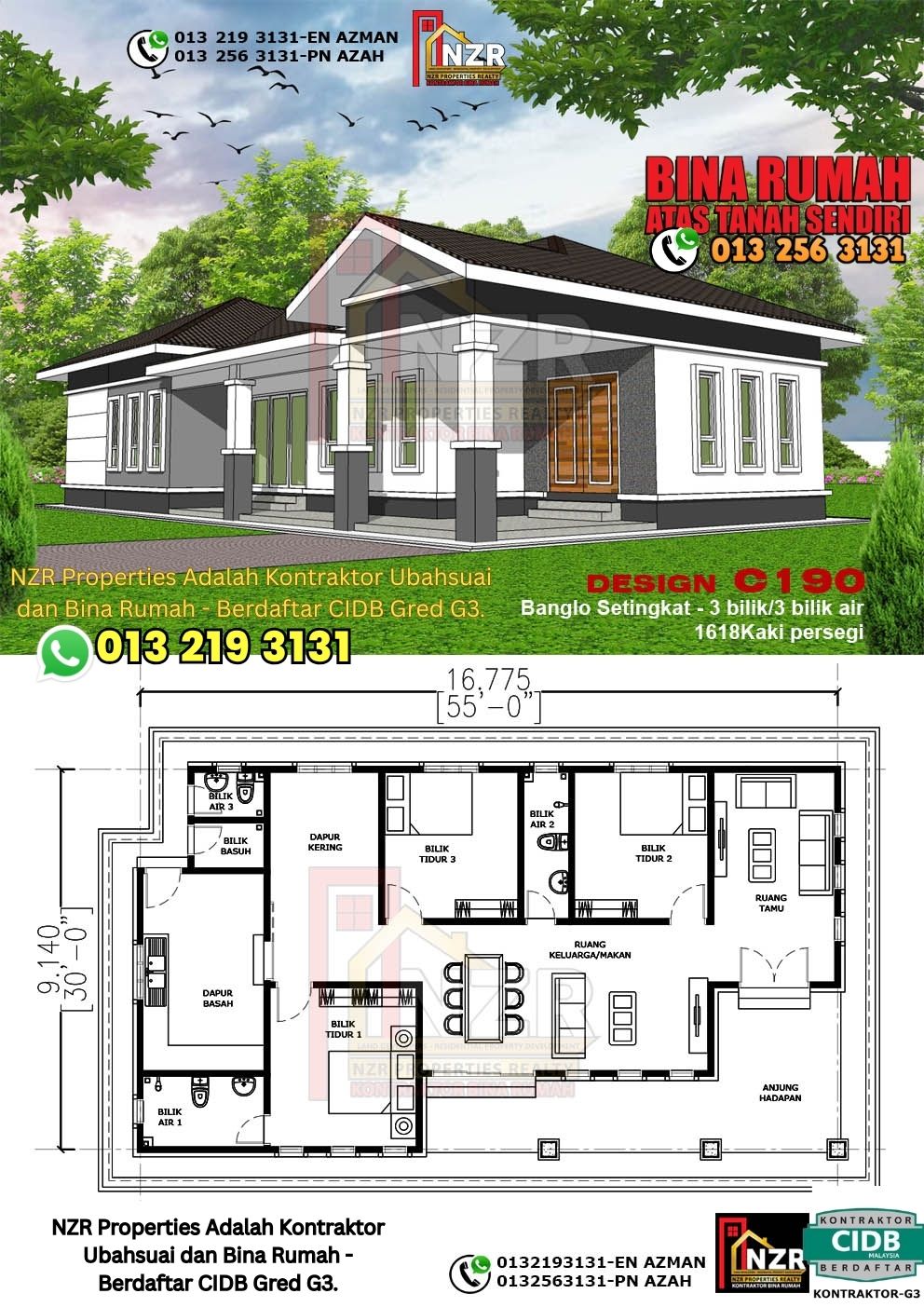 Design 71-Kod C190-Banglo Setingkat - 3Bilik &3 Bilik Air-Size Rumah 1618kps