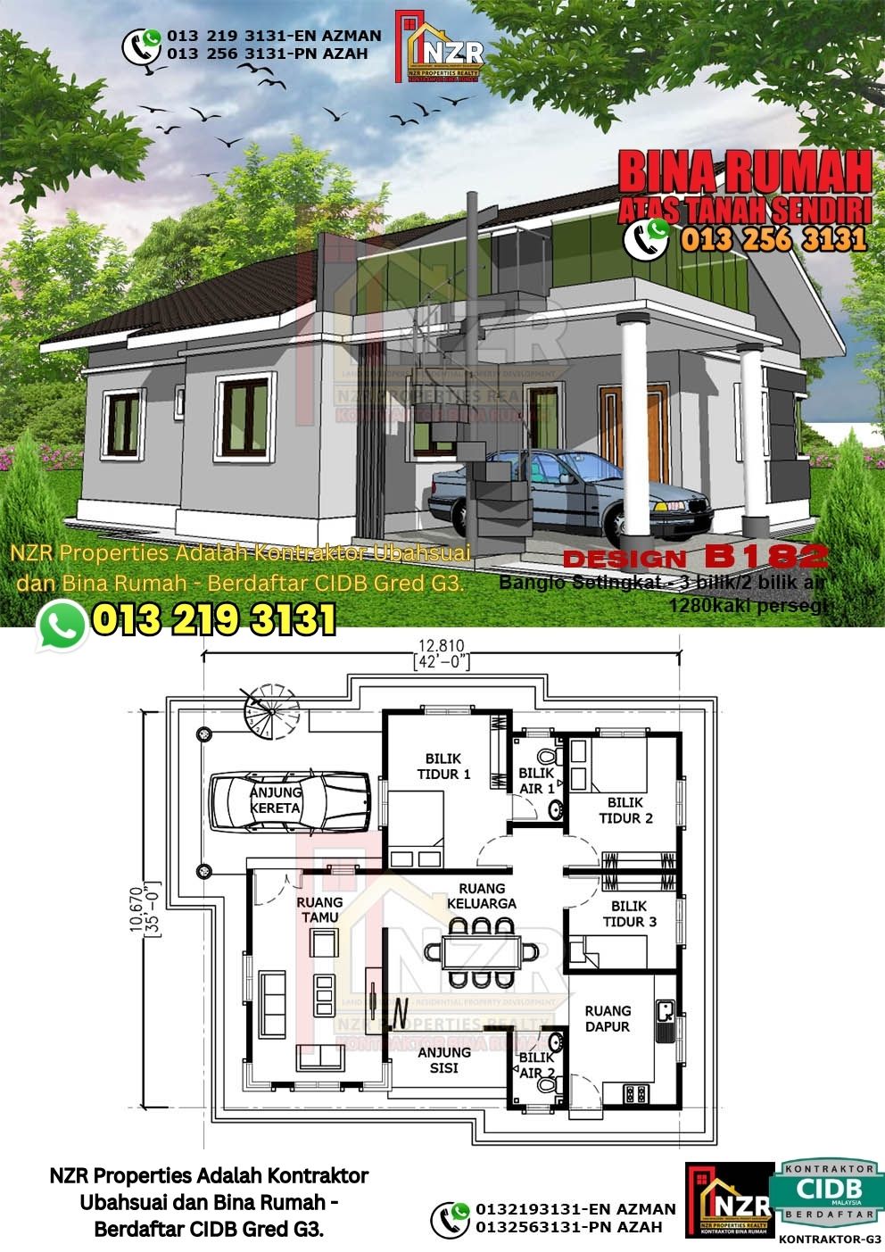 Design 69-Kod B182-Banglo Setingkat - 3Bilik &2 Bilik Air-Size Rumah 1280kps