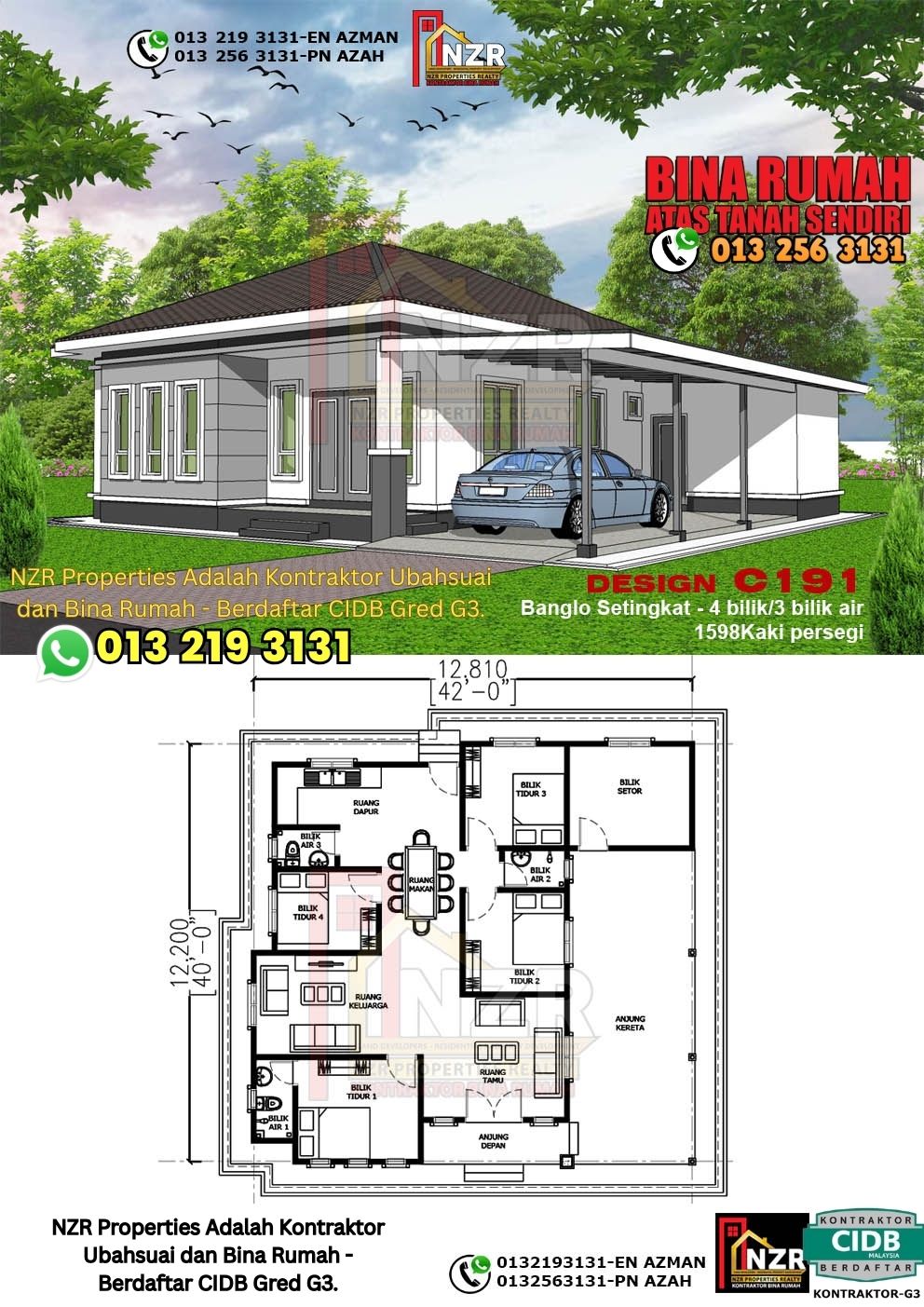 Design 72-Kod C191-Banglo Setingkat - 4Bilik &3 Bilik Air-Size Rumah 1598kps