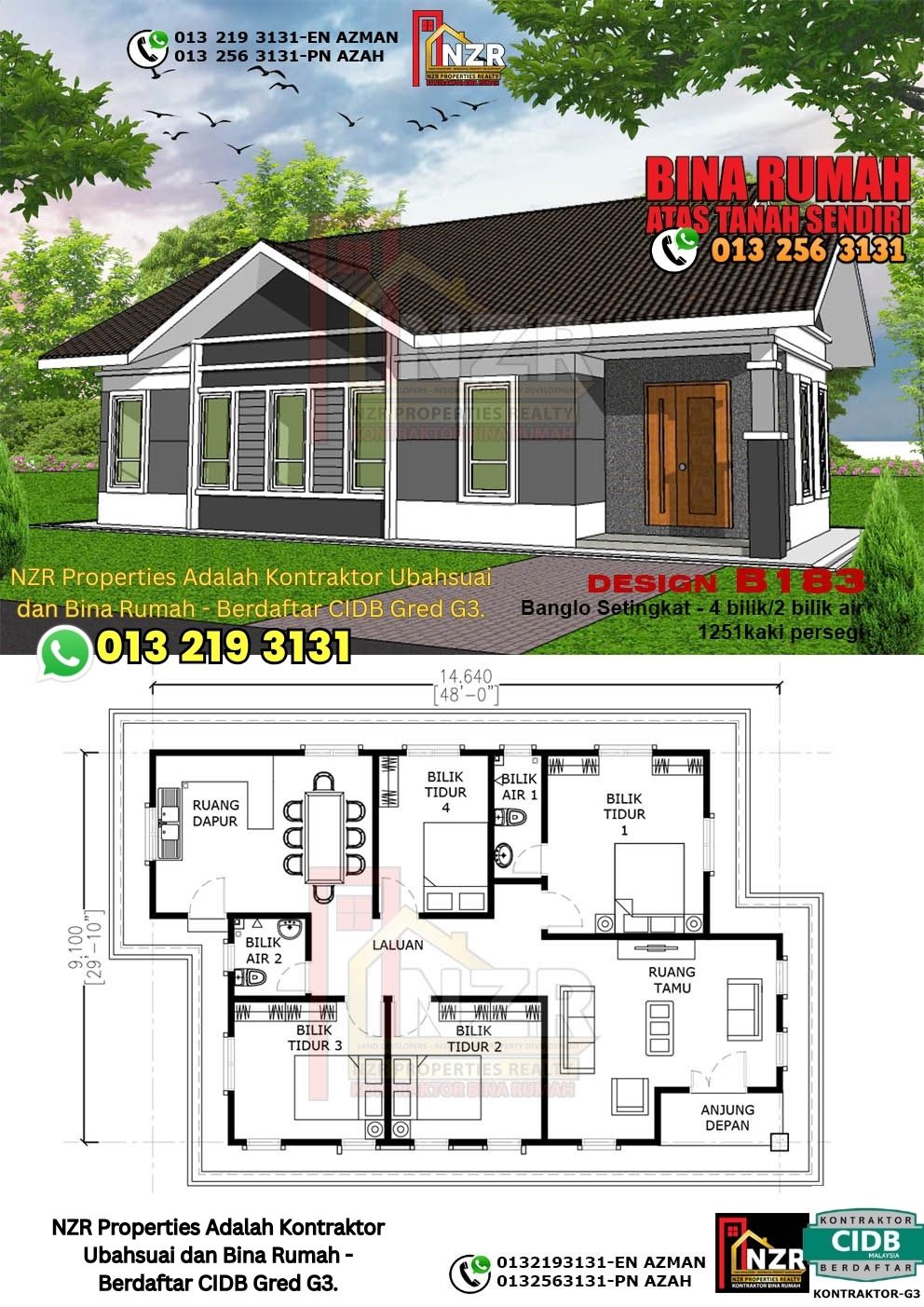 Design 70-Kod B183-Banglo Setingkat - 4Bilik &2 Bilik Air-Size Rumah 1251kps