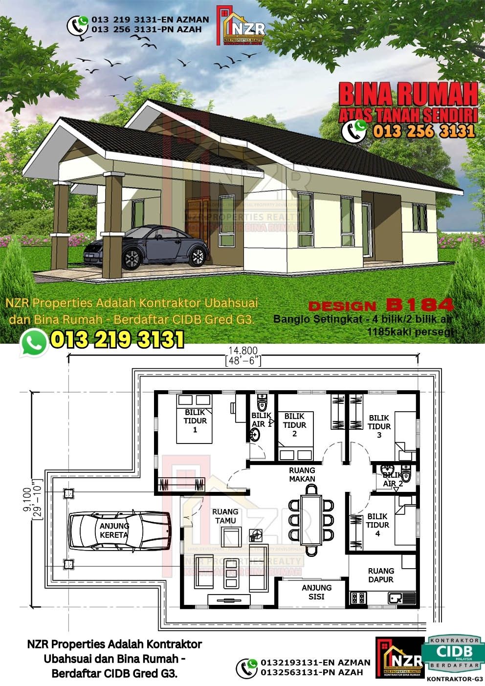 Design 71-Kod B184-Banglo Setingkat - 4Bilik &2 Bilik Air-Size Rumah 1185kps
