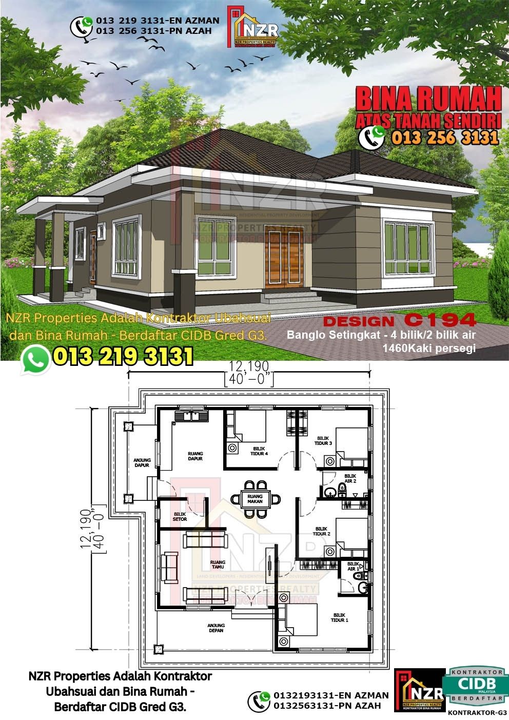 Design 74-Kod C194-Banglo Setingkat - 4Bilik &2 Bilik Air-Size Rumah 1460kps