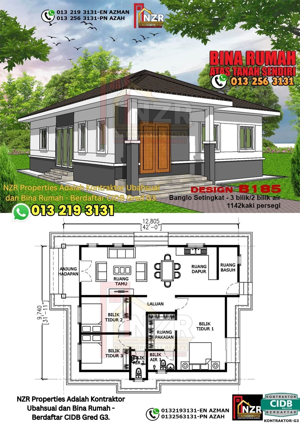 Design 72-Kod B185-Banglo Setingkat - 3Bilik &2 Bilik Air-Size Rumah 1142kps