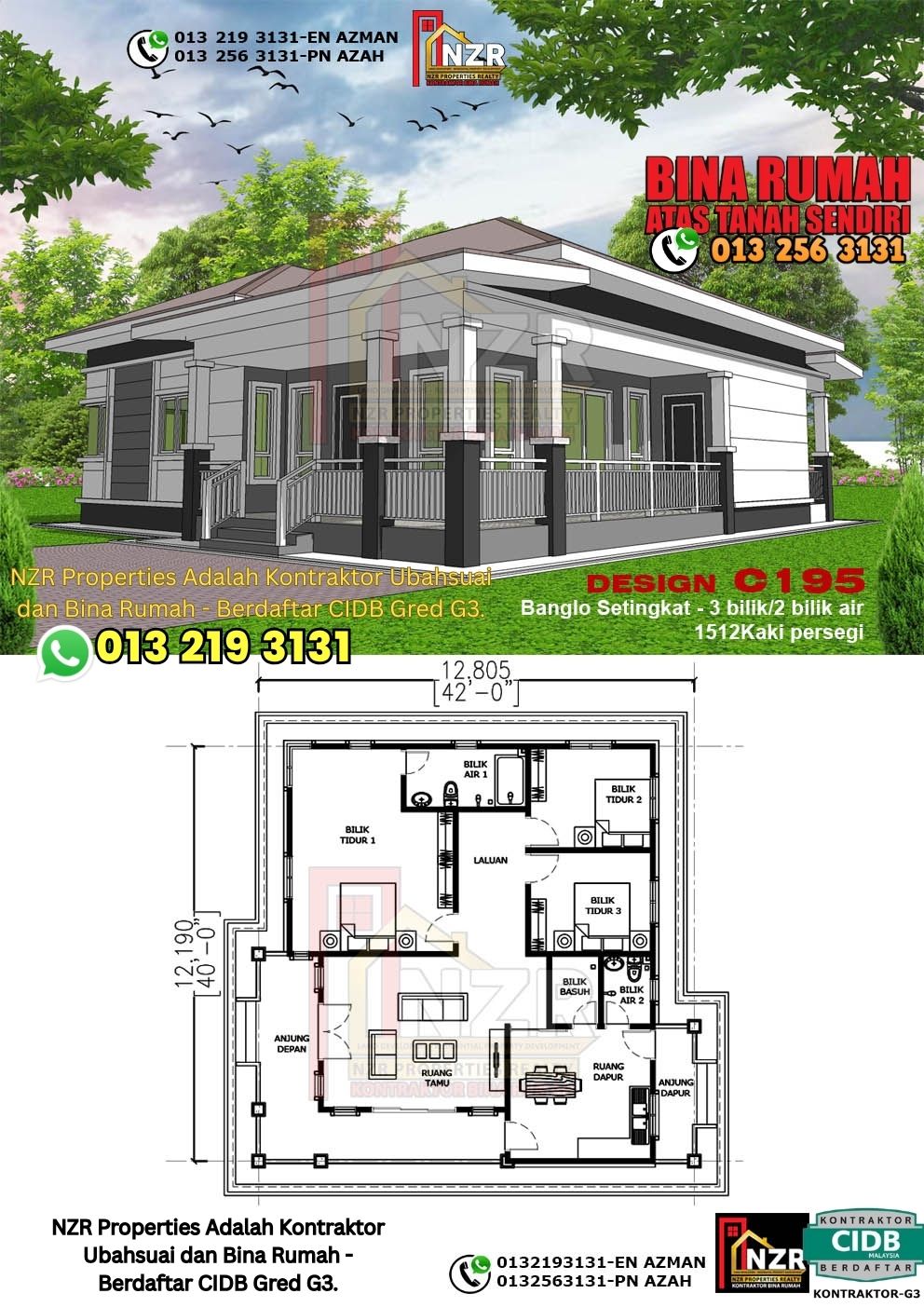 Design 75-Kod C195-Banglo Setingkat - 3Bilik &2 Bilik Air-Size Rumah 1512kps