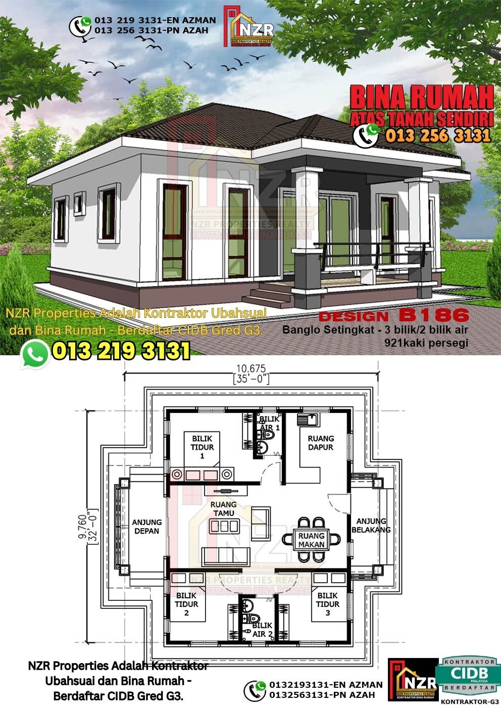 Design 73-Kod B186-Banglo Setingkat - 3Bilik &2 Bilik Air-Size Rumah 921kps