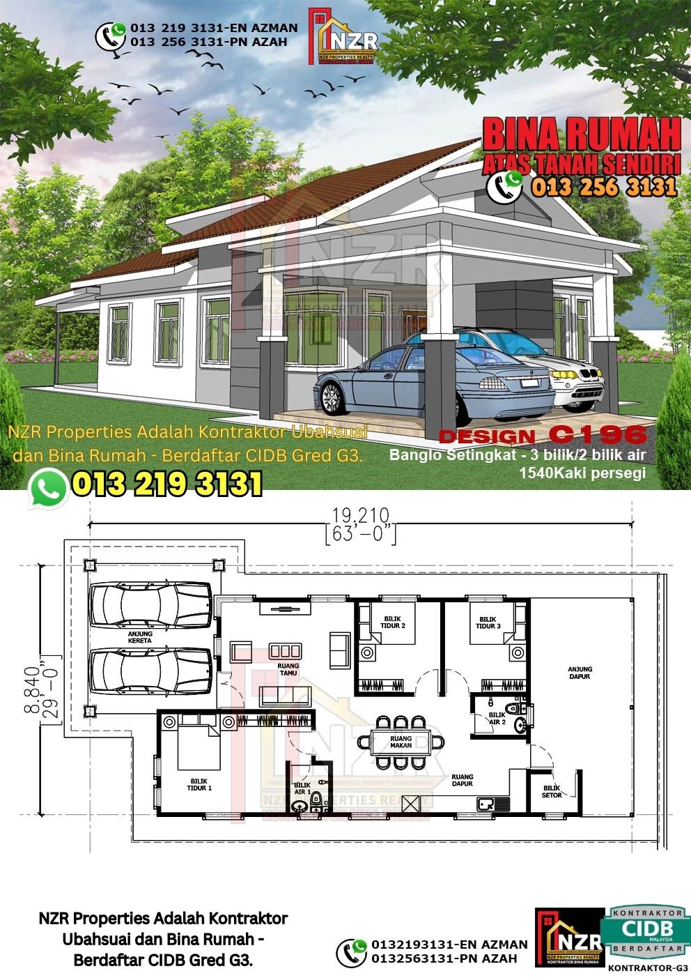 Design 76-Kod C196-Banglo Setingkat - 3Bilik &2 Bilik Air-Size Rumah 1540kps