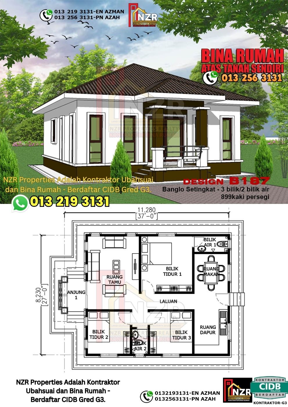 Design 74-Kod B187-Banglo Setingkat - 3Bilik &2 Bilik Air-Size Rumah 899kps