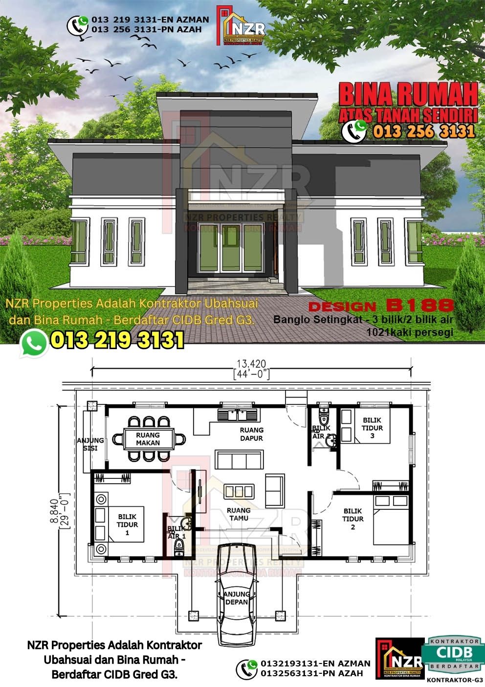 Design 75-Kod B188-Banglo Setingkat - 3Bilik &2 Bilik Air-Size Rumah 1021kps