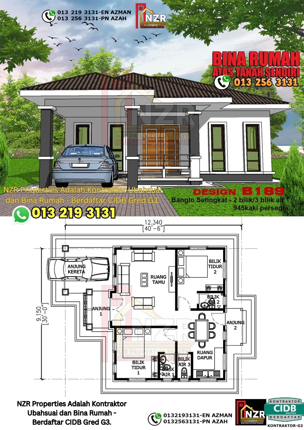 Design 76-Kod B189-Banglo Setingkat - 2 Bilik &3 Bilik Air-Size Rumah 945kps