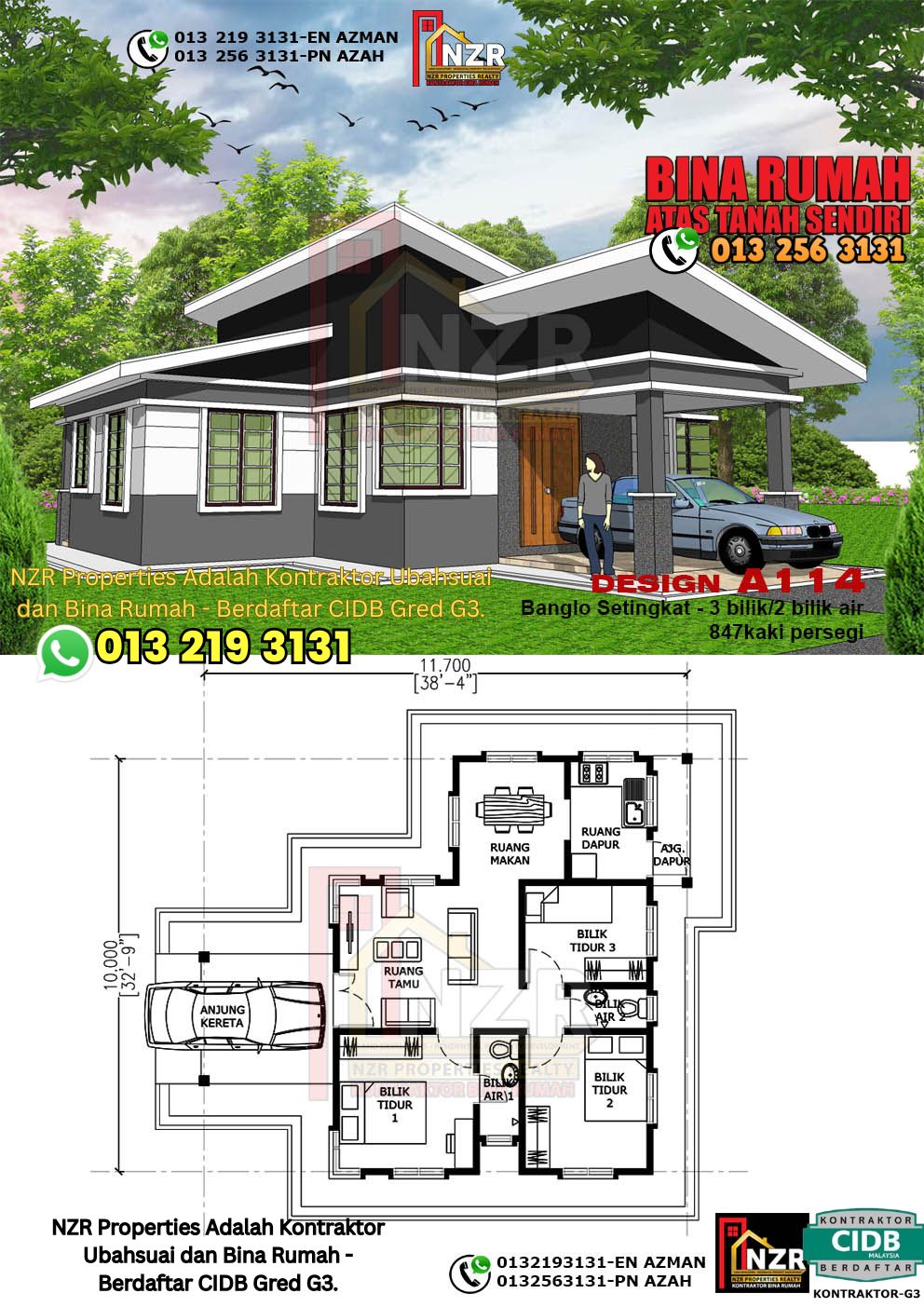 Design 8-Kod A114-Banglo Setingkat - 3 Bilik &2 Bilik Air-Size Rumah 847kps