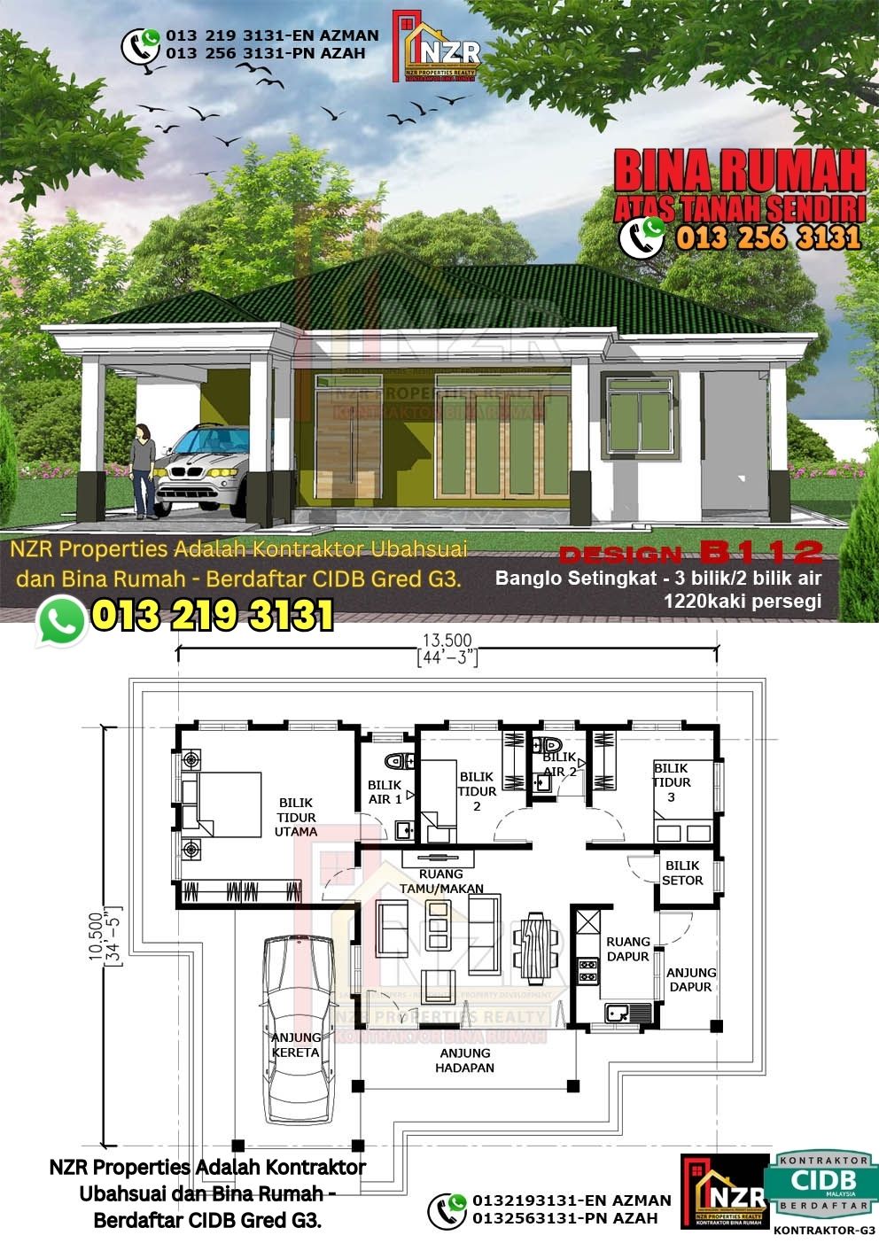 Design 8-Kod B112-Banglo Setingkat - 3 Bilik &2 Bilik Air-Size Rumah 1220kps