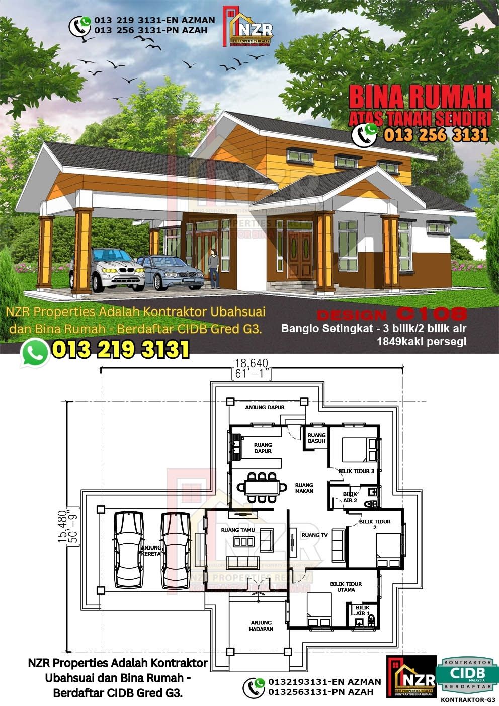 Design 8-Kod C108-Banglo Setingkat - 3Bilik &2 Bilik Air-Size Rumah 1849kps