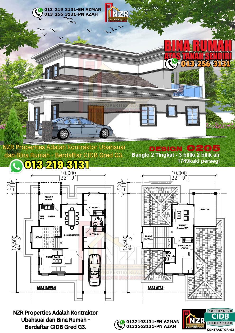 Design 8-Kod C205-Design Rumah Dua Tingkat -3Bilik &2Bilik Air-Size Rumah 1749kps