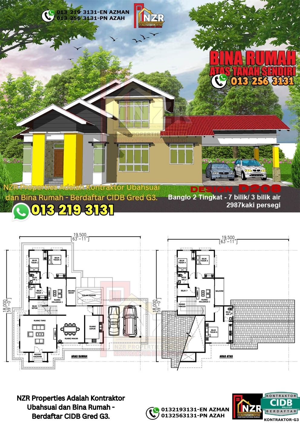 Design 8-Kod D208-Design Rumah Dua Tingkat -7 Bilik & 3 Bilik Air-Size Rumah 2987kps
