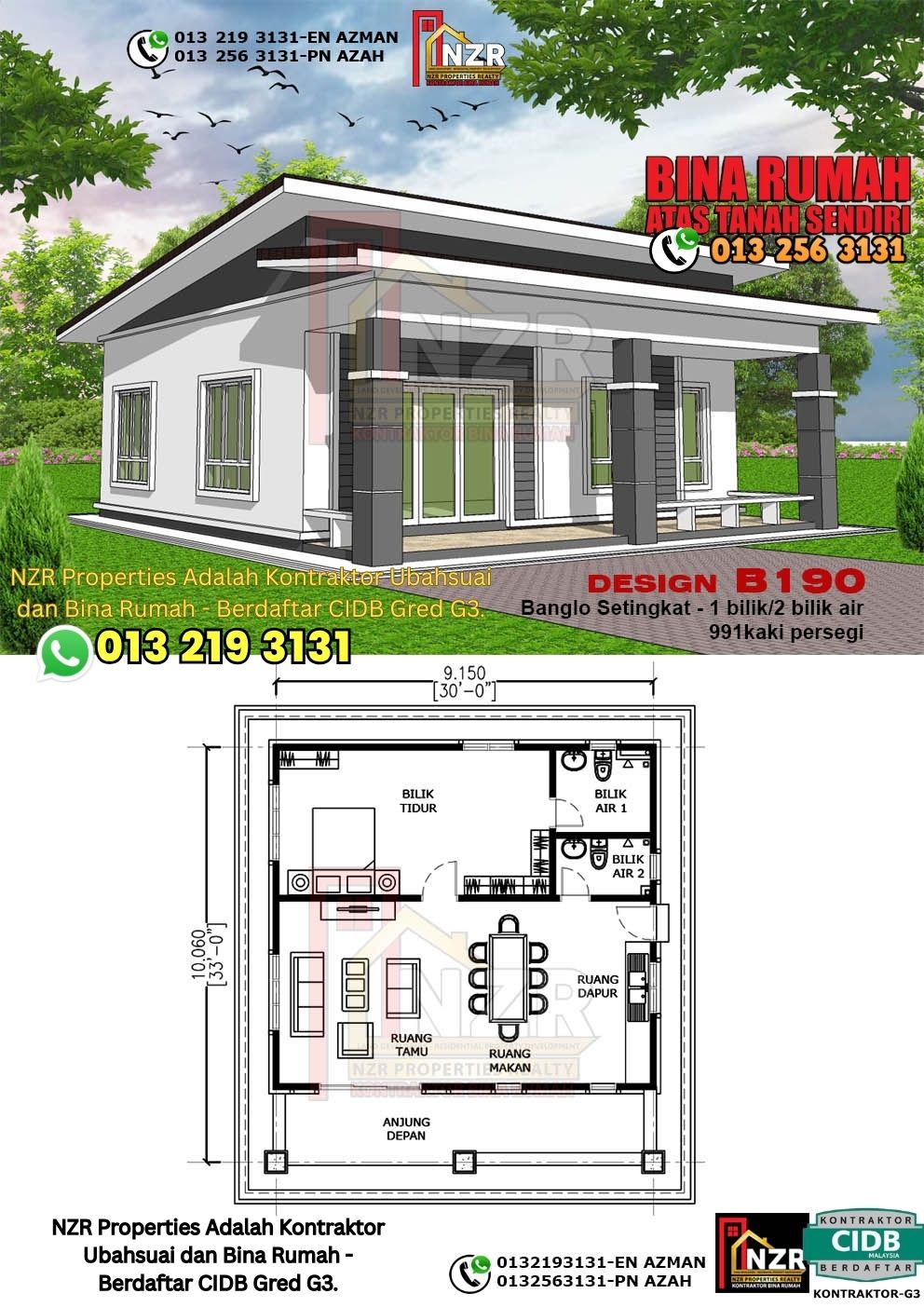 Design 77-Kod B190-Banglo Setingkat - 1 Bilik &2 Bilik Air-Size Rumah 991kps