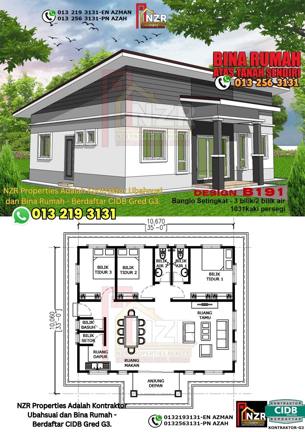 Design 78-Kod B191-Banglo Setingkat - 3Bilik &2 Bilik Air-Size Rumah 1031kps