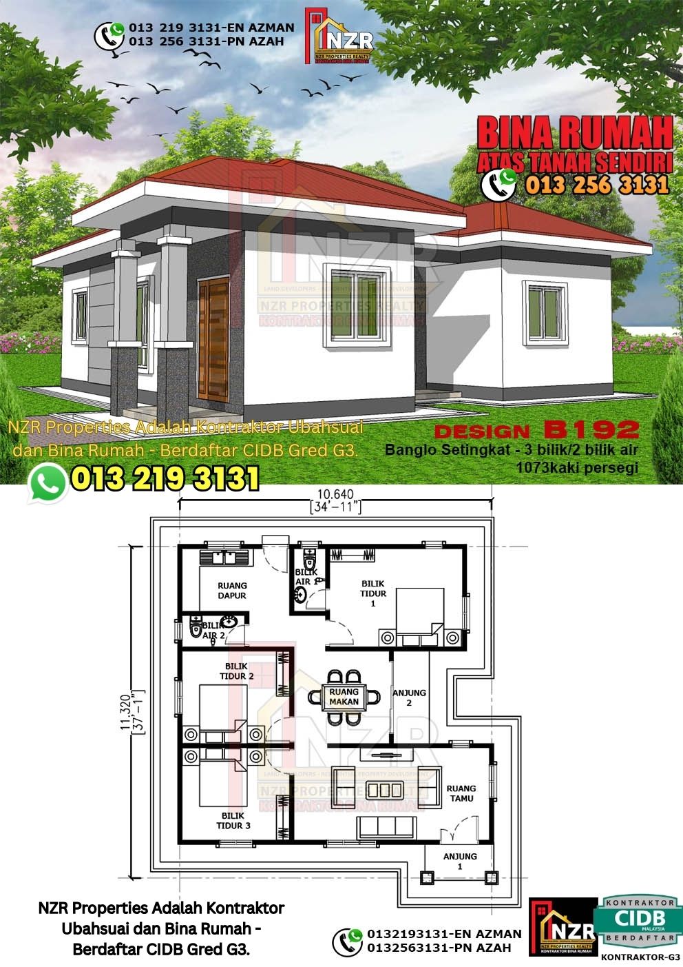 Design 79-Kod B192-Banglo Setingkat - 3Bilik &2 Bilik Air-Size Rumah 1073kps