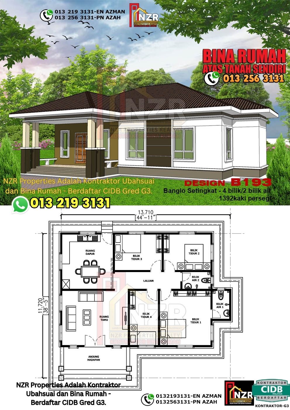 Design 80-Kod B193-Banglo Setingkat - 4Bilik &2 Bilik Air-Size Rumah 1392kps