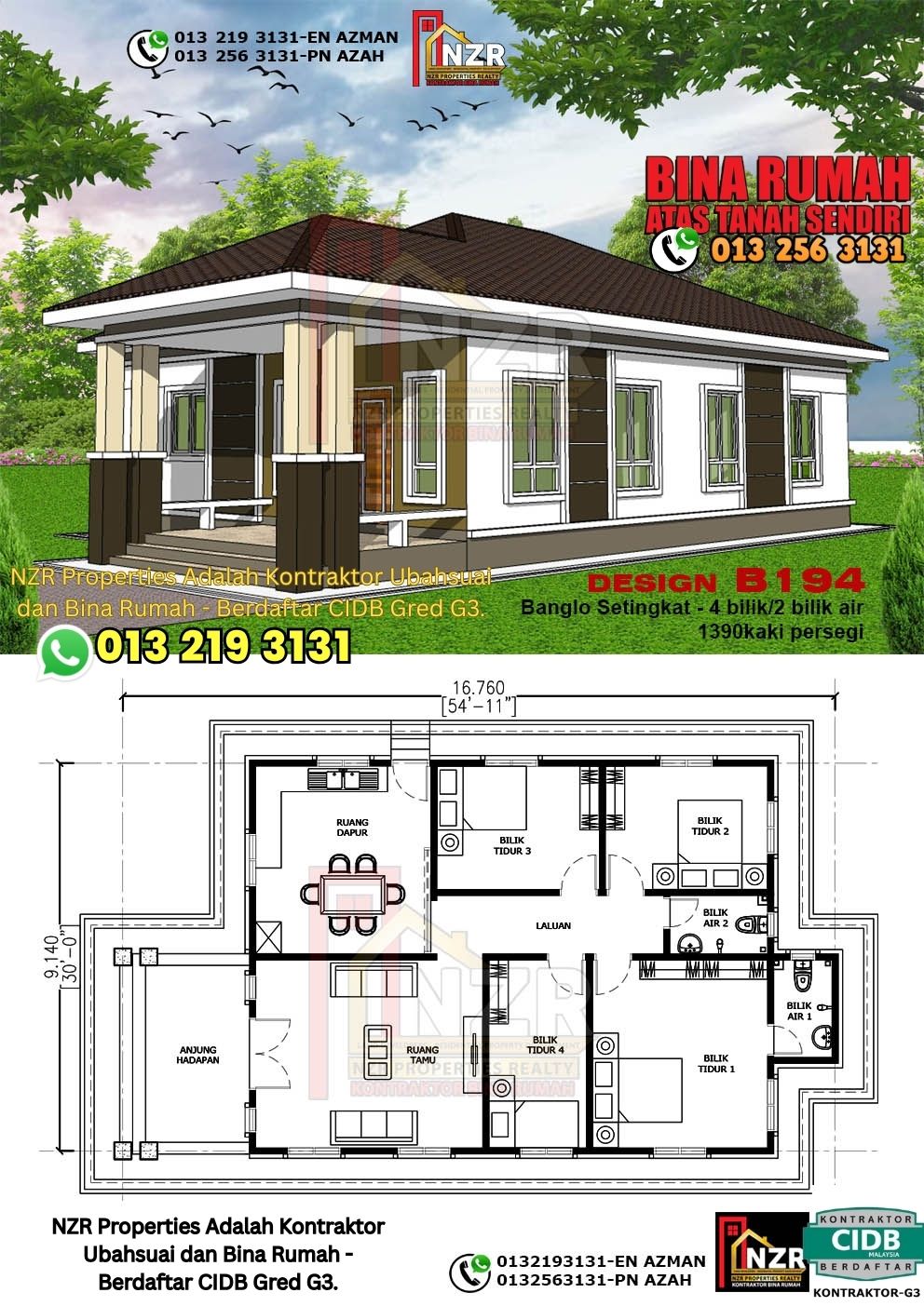 Design 81-Kod B194-Banglo Setingkat - 4Bilik &2 Bilik Air-Size Rumah 1390kps