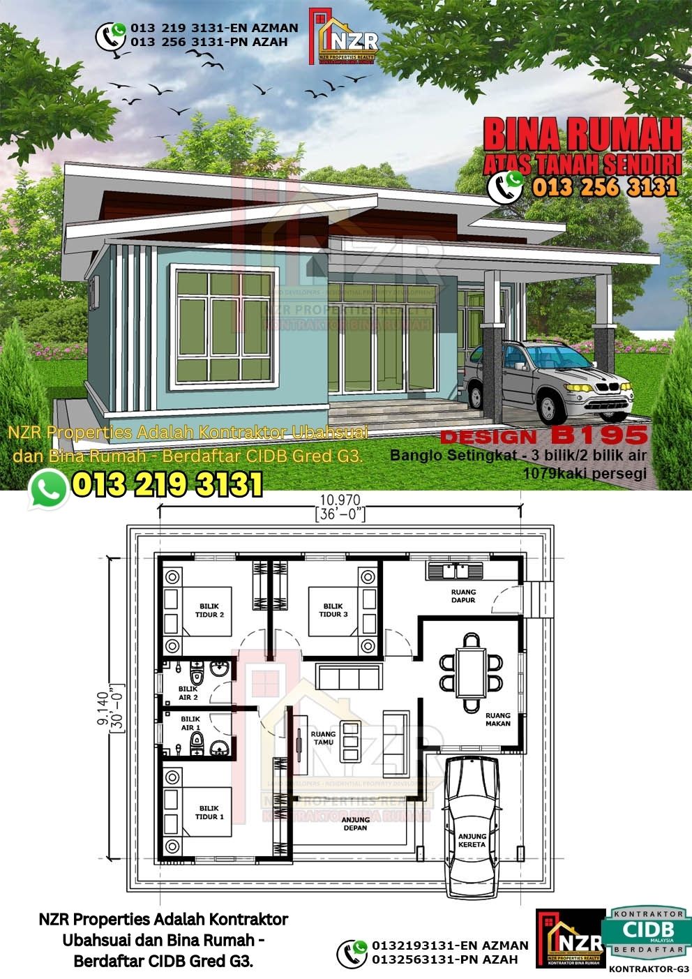 Design 82-Kod B195-Banglo Setingkat - 3Bilik &2 Bilik Air-Size Rumah 1079kps