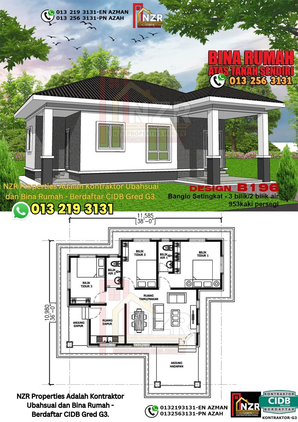 Design 84-Kod B196-Banglo Setingkat - 3Bilik &2 Bilik Air-Size Rumah 953kps