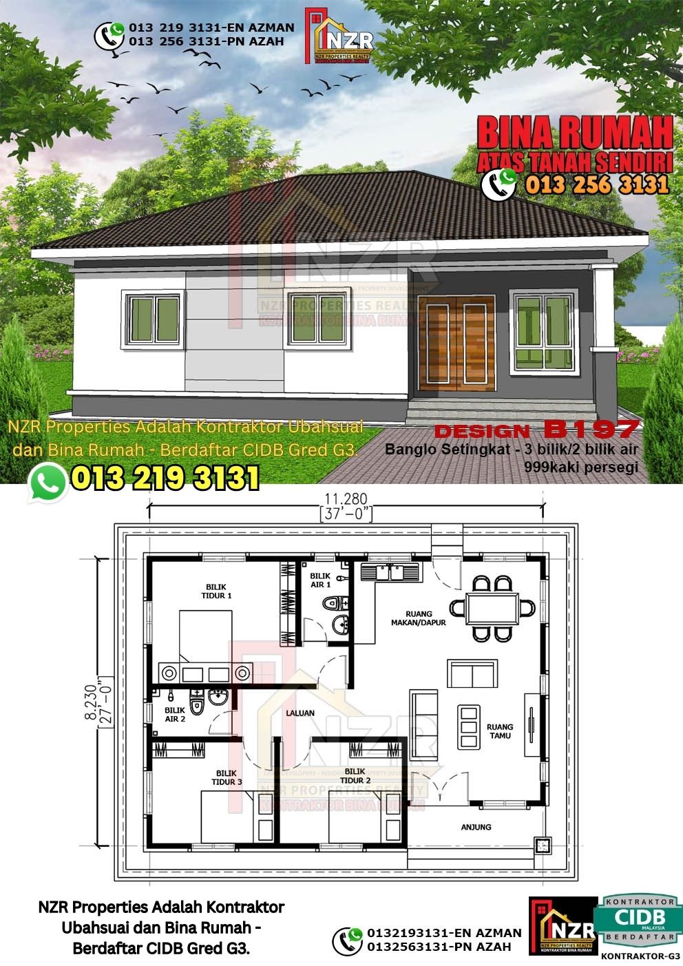 Design 85-Kod B197-Banglo Setingkat - 3Bilik &2 Bilik Air-Size Rumah 999kps