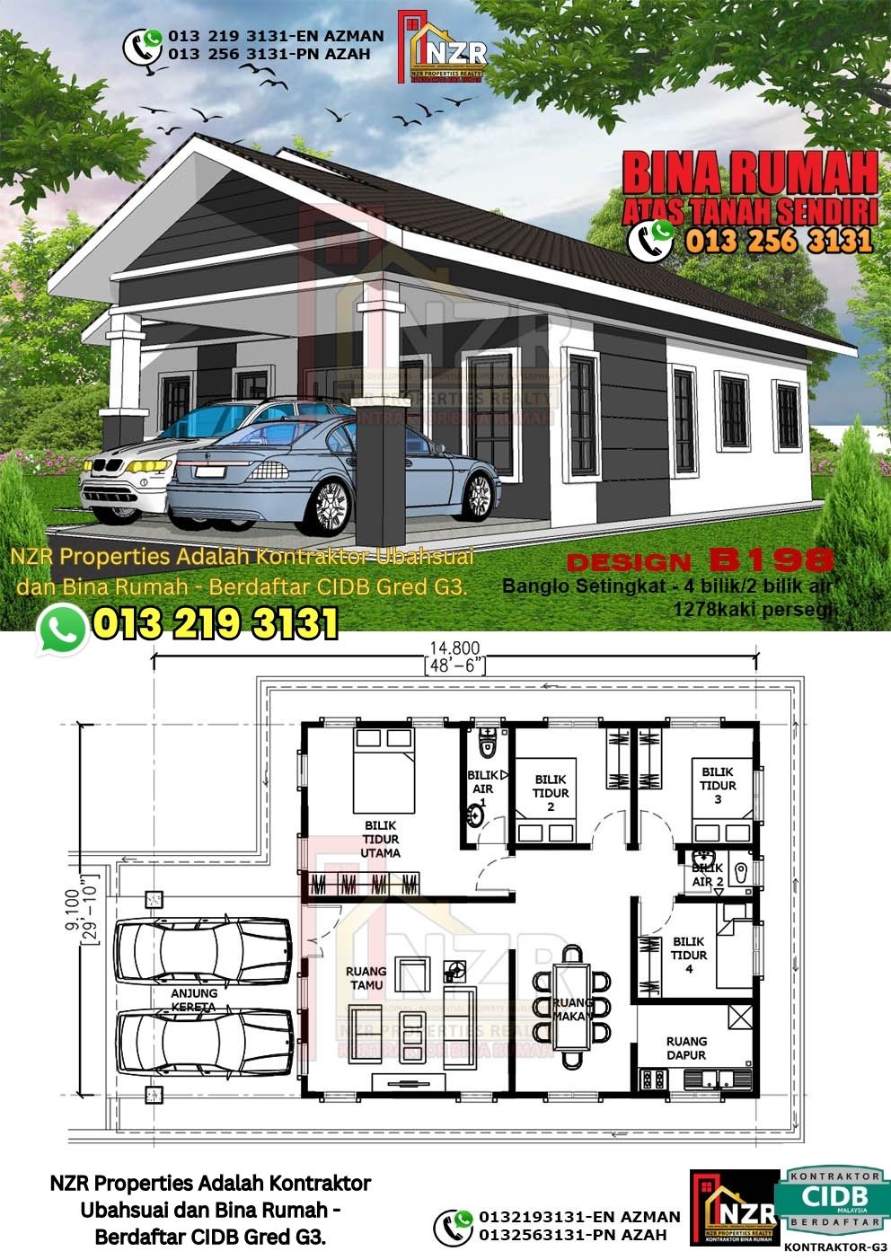 Design 86-Kod B198-Banglo Setingkat - 4Bilik &2 Bilik Air-Size Rumah 1278kps