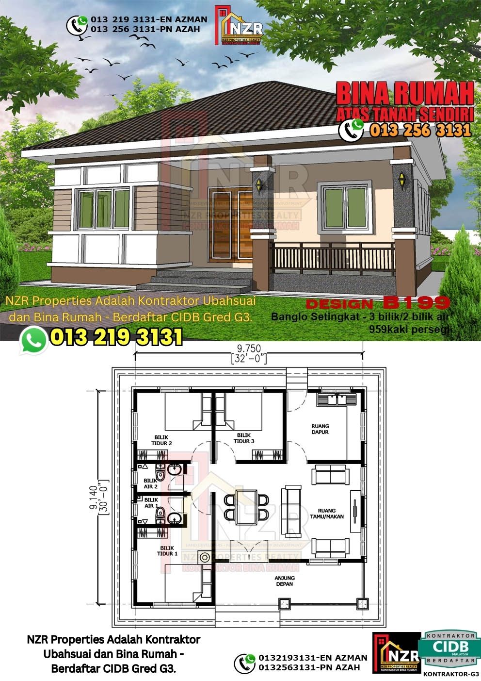 Design 87-Kod B199-Banglo Setingkat - 3Bilik &2 Bilik Air-Size Rumah 959kps
