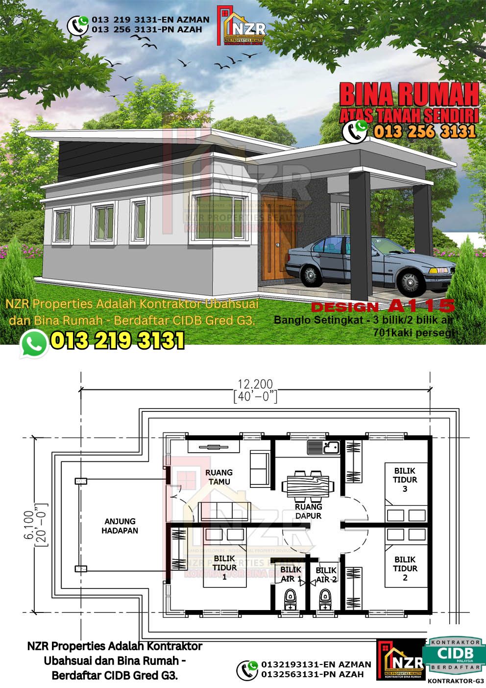Design 9-Kod A115-Banglo Setingkat - 3 Bilik &2 Bilik Air-Size Rumah 701kps