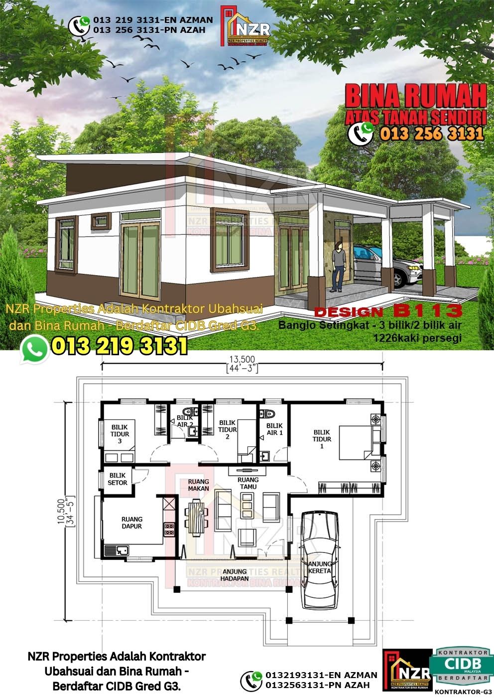 Design 9-Kod B113-Banglo Setingkat - 3 Bilik &2 Bilik Air-Size Rumah 1226kps