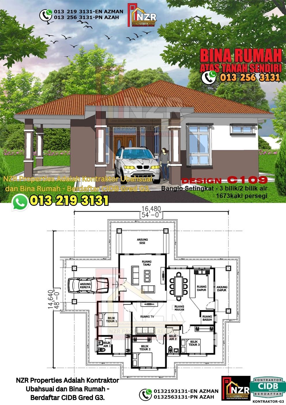Design 9-Kod C109-Banglo Setingkat - 3Bilik &2 Bilik Air-Size Rumah 1673kps