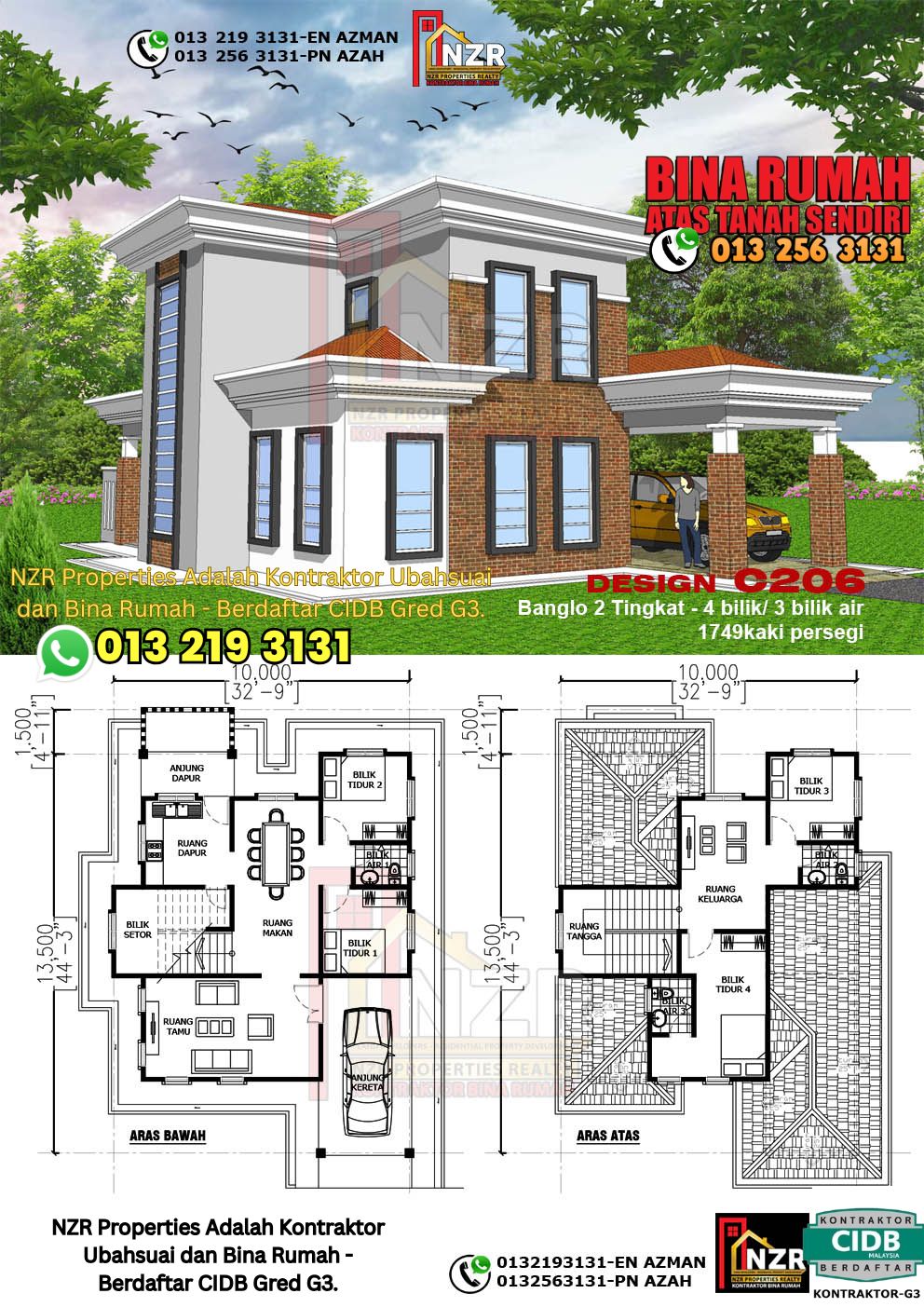Design 9-Kod C205-Design Rumah Dua Tingkat -3Bilik &2Bilik Air-Size Rumah 1749kps  