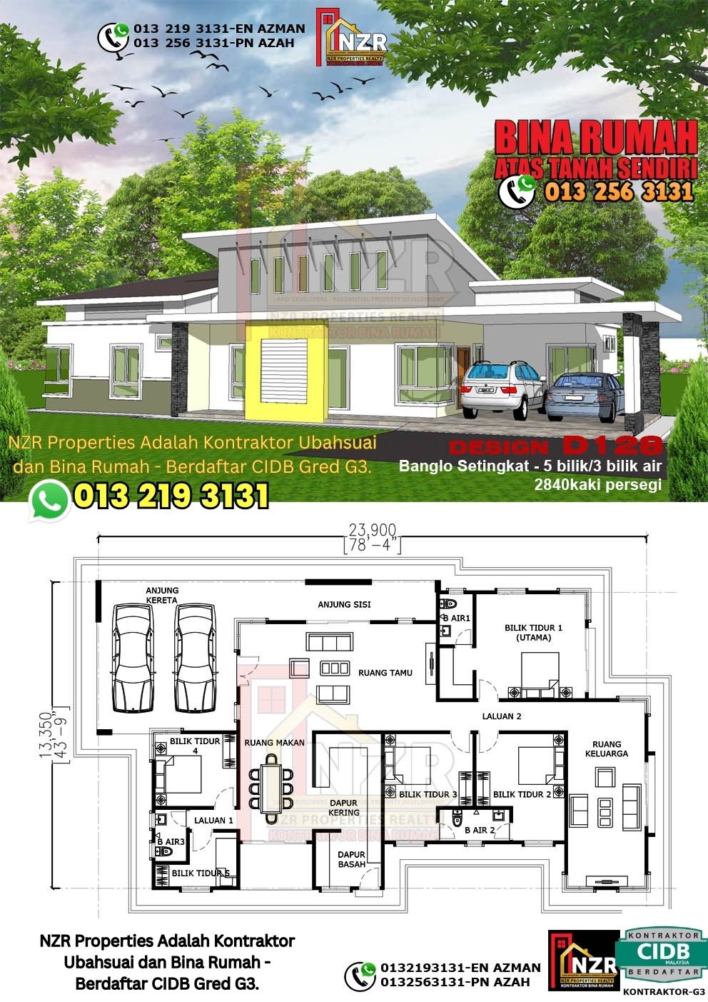 Design 9-Kod D128-Banglo Setingkat - 5Bilik &3 Bilik Air-Size Rumah 2840kps